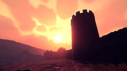 Obraz premium Majestic Sunset Silhouette of Ancient Stone Castle Tower and Walls at Golden Hour
