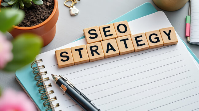 A workspace scene featuring a notepad, pen, and wooden blocks spelling "SEO STRATEGY," surrounded by plants, emphasizing digital marketing concepts.