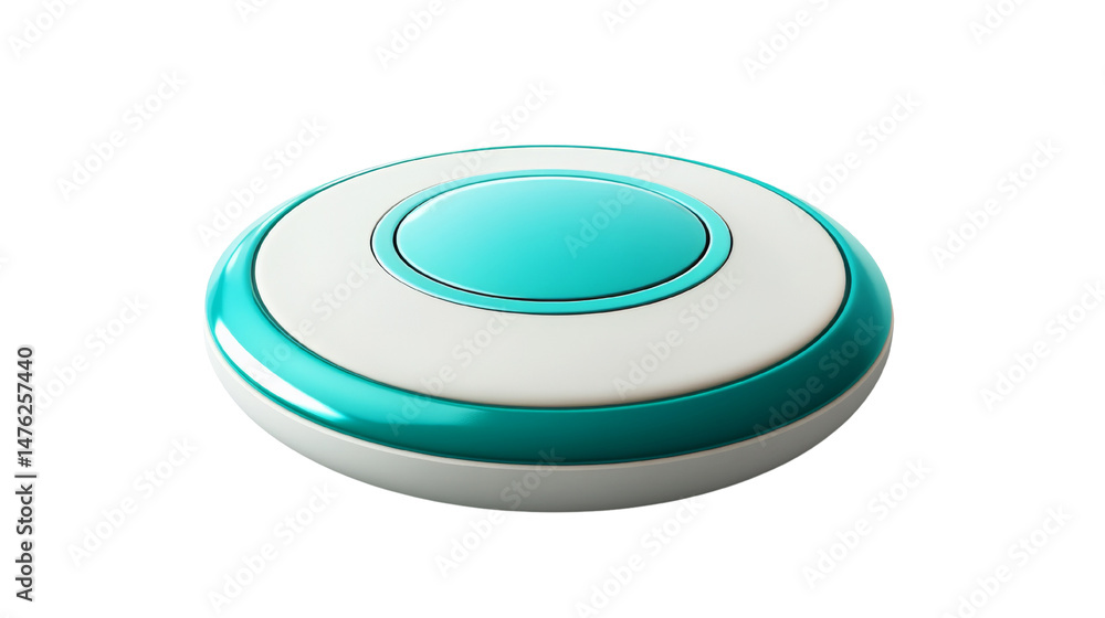 Poster sleek circular device with turquoise and white design against transparent canvas