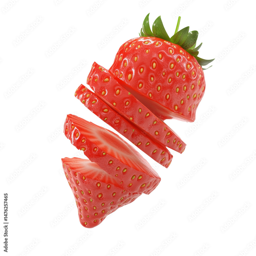 Poster Deconstructed strawberry delight, vibrant red slices suspended in a clean setting, a refreshing treat with a luscious appeal