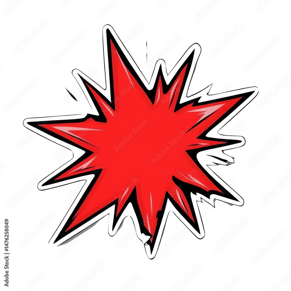 Poster stylized burst shape illustration with vivid crimson color and sharp jagged edges, set on a plain sp