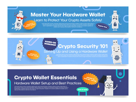 Banners inviting to a seminar where attendees will learn the basic settings of a hardware wallet to protect crypto assets