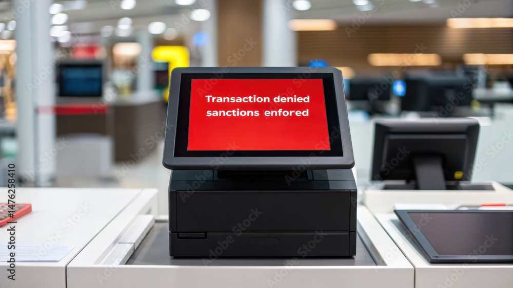 Poster a digital payment terminal displays a red warning message indicating that a transaction has been den