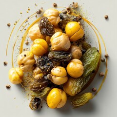 An artistic arrangement of chickpeas and raisins blend together, highlighting unique textures and colors in harmony.