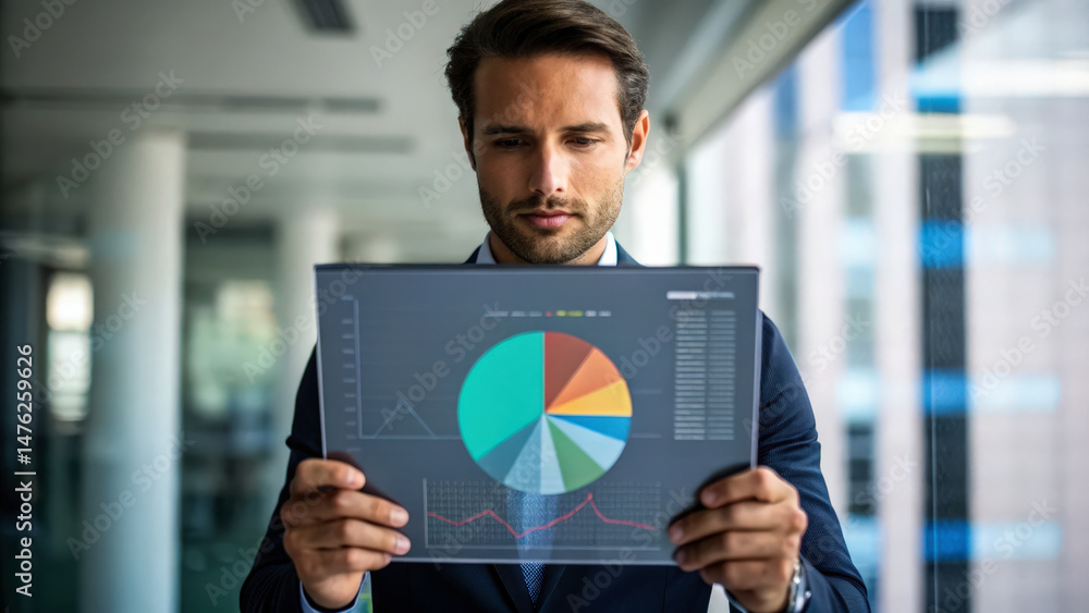 Poster a businessman analyzes a colorful pie chart and data graphs on a transparent screen in a modern offi