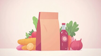 Groceries in Paper Bag Still Life Illustration with Vegetables and Juice Bottle Flat Lay Angle