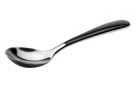 Shiny spoon with a sleek design and curved bowl for serving and eating. Png, Transparent background.