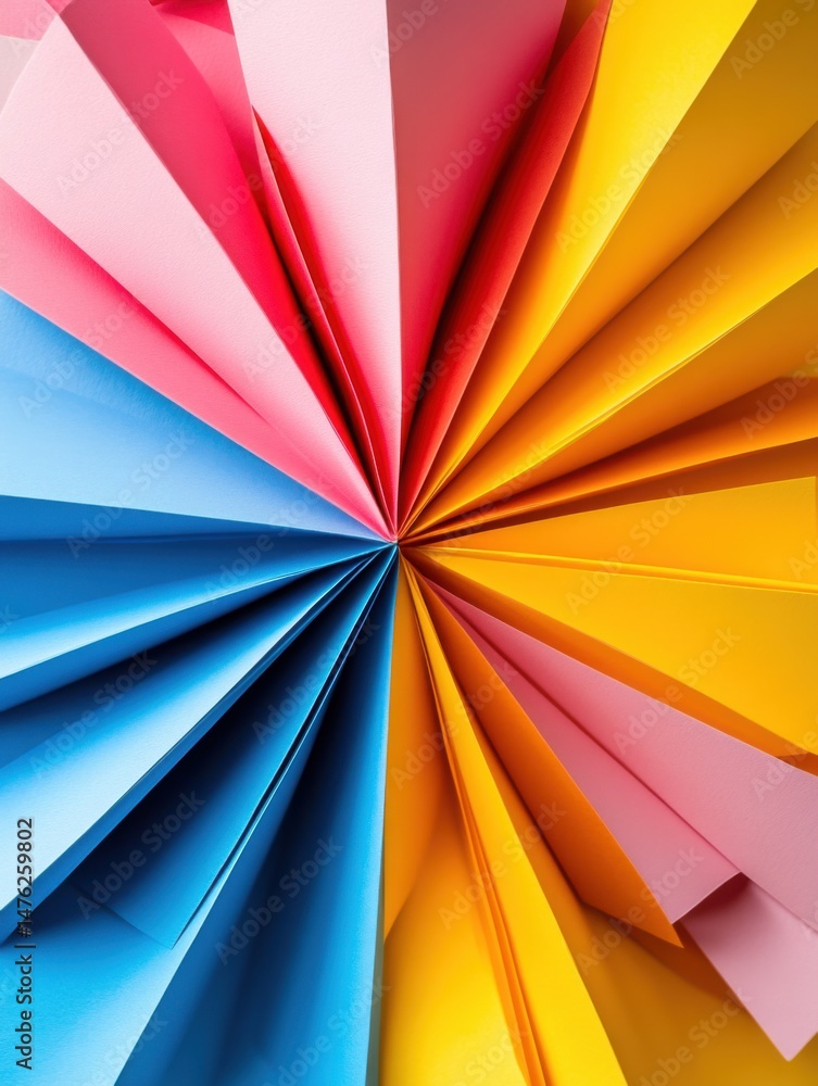 Poster colorful paper arrangement radiating from center point creating abstract design top down view in stu