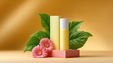 Elegant and minimalist pastel colored skincare product packaging set against a warm yellow backdrop creating a calming and inviting composition that highlights the natural