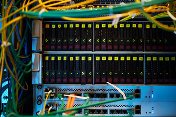 Closely connected network cables to server rack showing various cable colors and organized connections. Server system illustrates a crucial component of modern data infrastructure