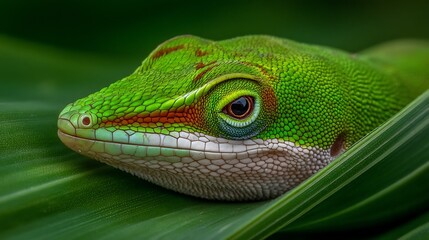 Emerald Green Anole Lizard on Lush Leaf.