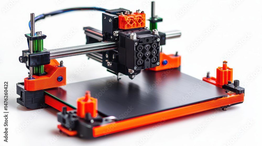 Poster 3d printer with sleek design, featuring vibrant orange and black components, is ready to create intr