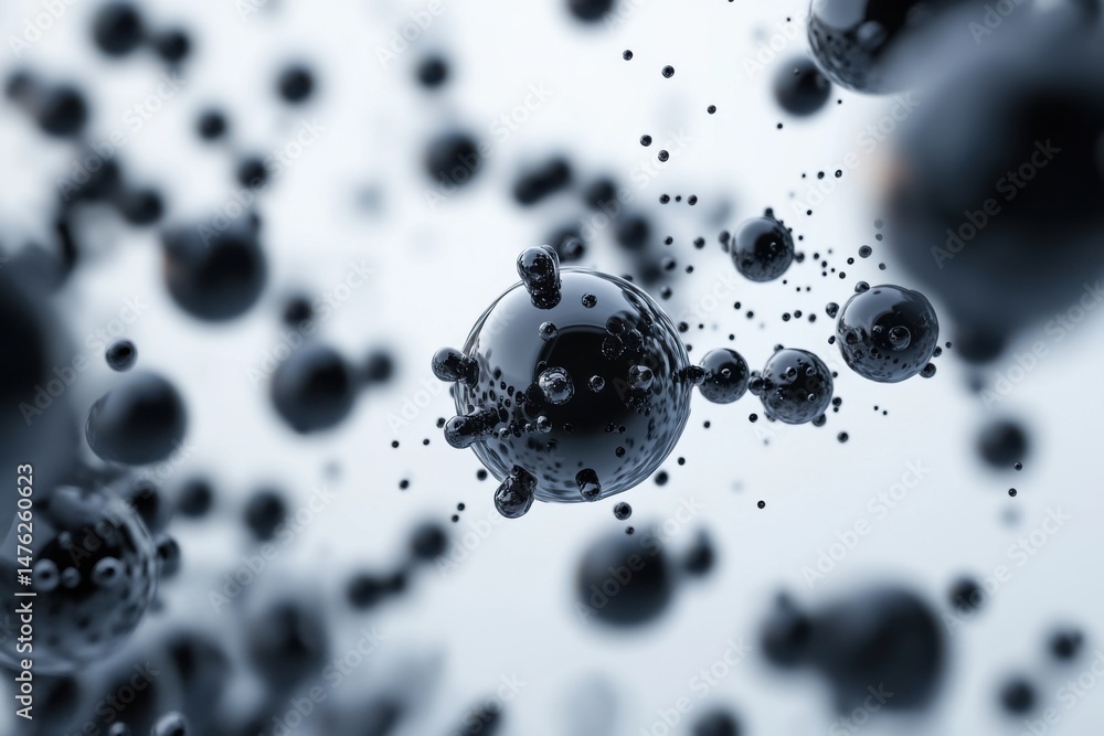 Poster abstract black spheres floating in a white space macro shot of molecular structure and science conce
