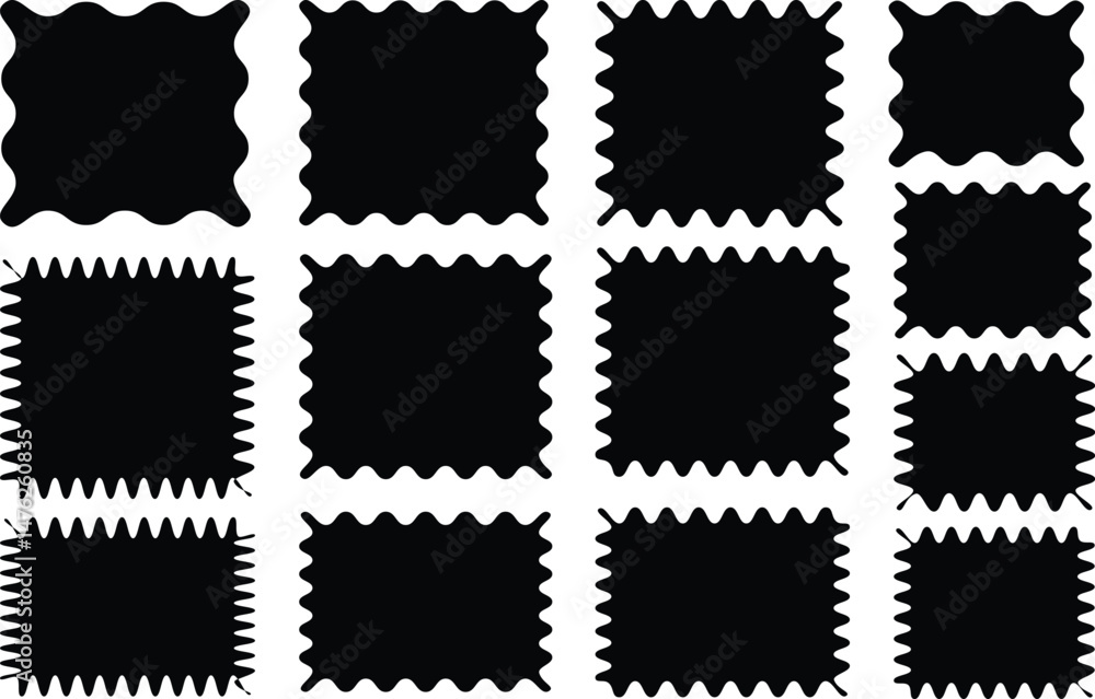 Poster set of black frames with zigzag edge, scallop edge shapes. rectangular jagged curved box element.