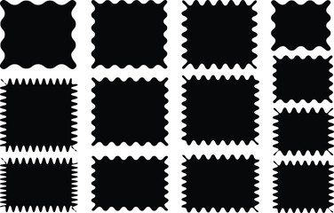 Set of black frames with zigzag edge, scallop edge shapes. Rectangular jagged curved box element..vector 