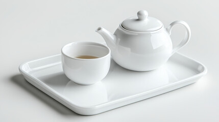 White teapot and cup on tray create serene tea setting, perfect for relaxation and enjoyment