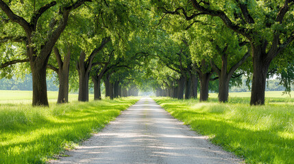 Fototapeta premium Serene landscape featuring tree lined road surrounded by lush greenery and vibrant grass, creating peaceful atmosphere