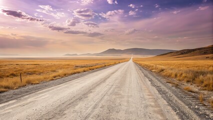 Naklejka premium Long straight dirt road stretching into the distance through a vast golden field under a dramatic purple and orange sunset sky, symbolizing journey and freedom