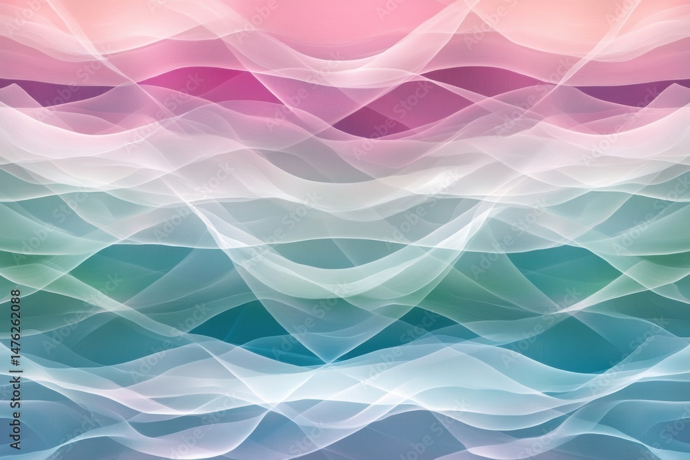 Poster abstract pastel waves flowing gently in digital art style with pink teal and white gradient backgrou