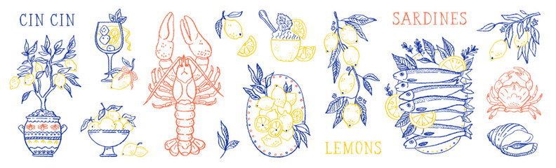 Plakat Italian doodle food. Summer sea food. Lemon Italian Amalfi beach sketch. Doodle wine cocktail, lobster, sardines. Vector summer sea beach illustration. Coastal Italy hand drawn vintage seafood icon bg