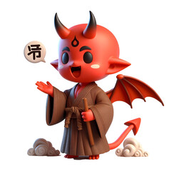3D Cute demon waves his hand isolated on white background