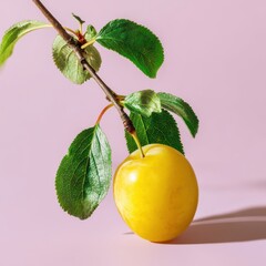 Fresh Yellow Fruit with Green Leaves on Branch Against Soft Pink Background Displaying Vibrant Colors and Natural Beauty Suitable for Food and Nature Themes
