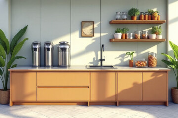 modern kitchen featuring sleek countertop, stylish cabinets, and minimalist sink. space is adorned with potted plants and organized shelves filled with jars and containers, creating warm