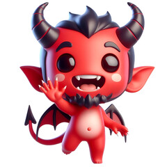 3D Cute demon waves his hand isolated on white background