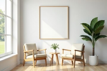 Empty frame mockup above wooden chairs in minimalist living room , contemporary, wall, nordic