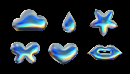 Holographic emoji stickers set. Y2k chrome design elements isolated on black background. Vector 3d heart, flower, lips, cloud, drop and butterfly shape collection. Liquid metal iridescent effect emoji