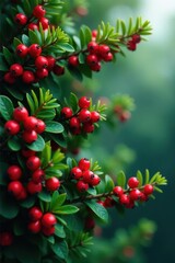 Obraz premium Evergreen boughs laden with vibrant red berries , macro, winter berries