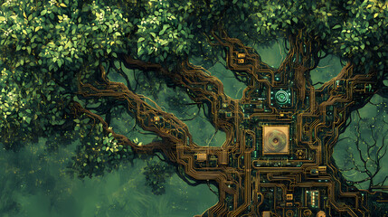 Obraz premium Nature and technology converge in a technological tree. [gilded mechanica] | verdant circuits | leafy wires. illustration. [Verdant Mechanica] | Ivyweld Spool | crawling tension. Illustration