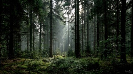 Obraz premium Dense forest background with tall trees soft light filtering through leaves and misty air evoking a peaceful and wild nature scene overlay cut out on isolated transparent removed background