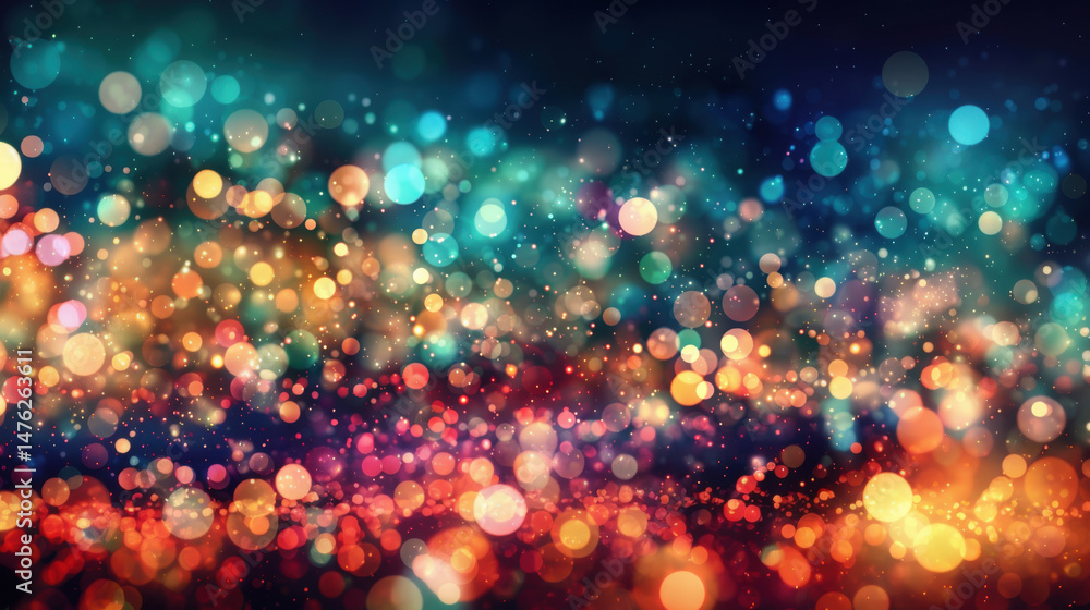 Poster abstract background filled with vibrant bokeh light circles in a wide spectrum of colors, evoking a 