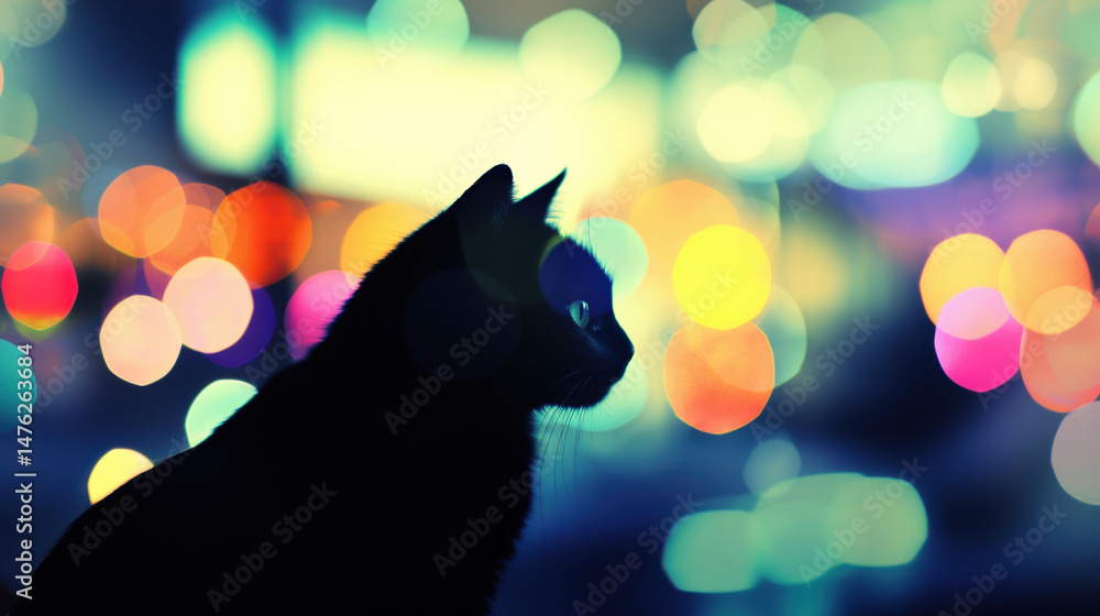 Poster black cat in silhouette with vibrant multicolor bokeh background, creating a mysterious yet whimsica