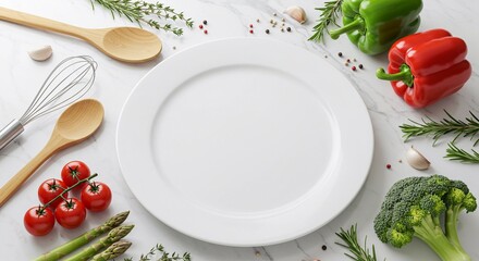Empty White Plate Surrounded by Fresh Vegetables and Cooking Utensils on Marble Background Food Photography Template Generative ai