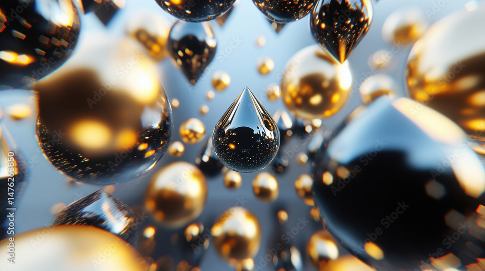 Poster floating golden and black liquid spheres with reflections and sparkles, creating a luxurious and abs