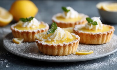 A delightful assortment of creamy lemon tarts topped with whipped cream and mint, showcasing irresistible flavors.