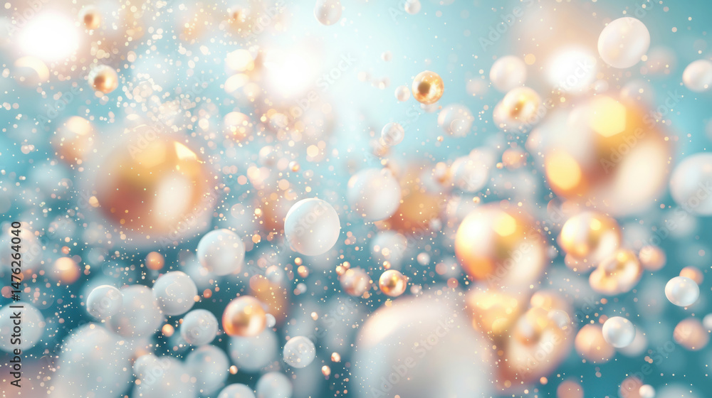 Poster delicate floating golden and pearl-like particles in bokeh style over a soft aqua background, creati