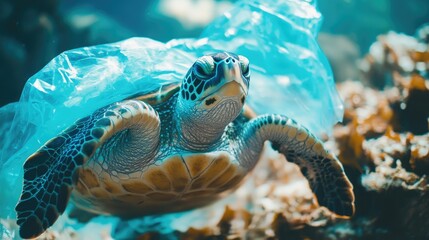Obraz premium Turtle Tangled In Plastic Pollution. Marine Life Faces Danger From Ocean Trash, Highlighting Environmental Concerns.