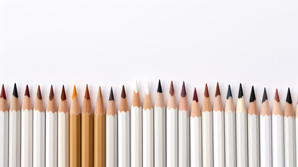 An overhead view of a tabletop with pencils of various colors and a blank white space.

