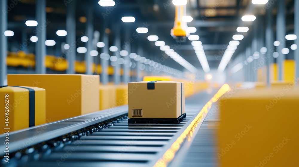 Poster automated conveyor system transporting packages in warehouse, showcasing efficiency and modern logis