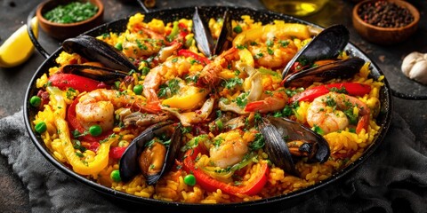Rich Seafood Paella Dish Close-Up