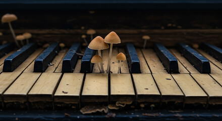 Forgotten melodies tiny mushrooms grow on old piano keys nature reclaims music