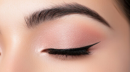 Naklejka premium Beautiful eye makeup featuring soft pink eyeshadow and bold winged eyeliner, showcasing elegance and artistry