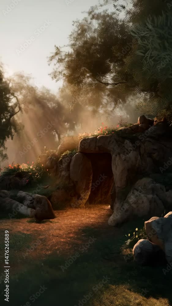 Poster Mysterious cave entrance in overgrown hillside with wildflowers and sunbeams filtering through trees casting ethereal light in hazy atmosphere