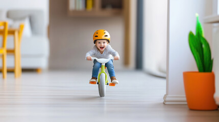 Smiling toddler wearing a helmet rides a green balance bike indoors, capturing joyful play and early childhood moments.