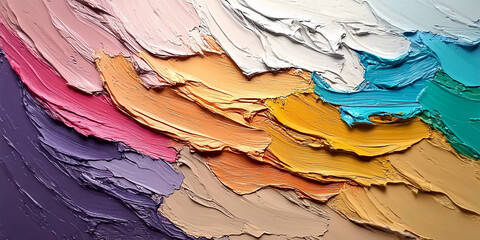Fototapeta premium A close-up view of vibrant oil paint strokes in shades of pink, purple, blue, beige, and cream, creating an intricate and textured composition on canvas