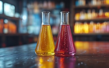 Two colorful liquid filled flasks sitting together on a dark surface