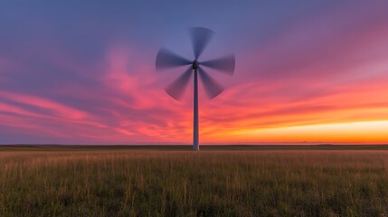Majestic Wind Turbine Spinning at Sunset in a Grassy Field A Stunning View of Clean Energy